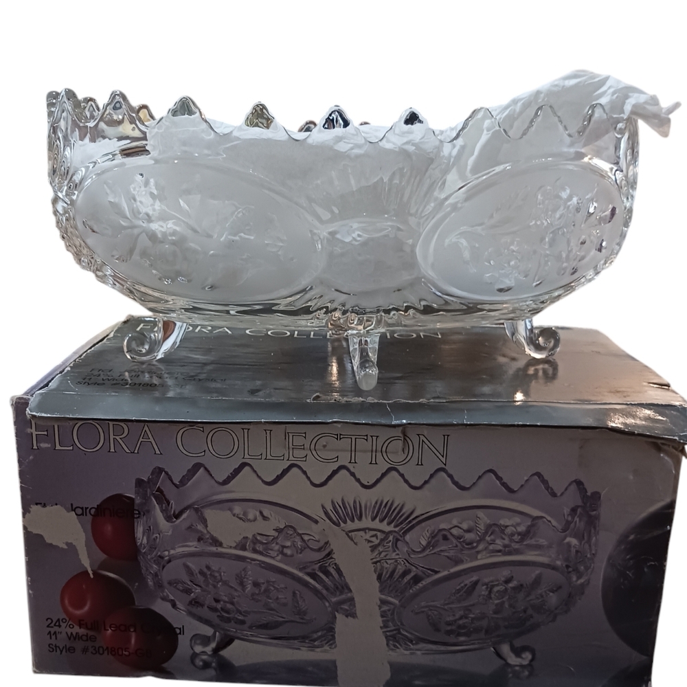 Lead Crystal Bowl Footed Large Box Fruit Bowl Flora Frosted Jardiniere Italy